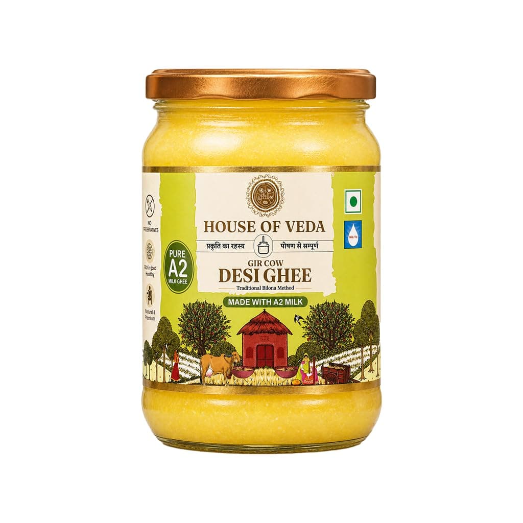 House of Veda Gir Cow Ghee | 500ml - Pure Desi Ghee Made with A2 Milk Using Ayurvedic Bilona Prakriya - Easy to Digest, Improves Appetite, Boosts Memo...