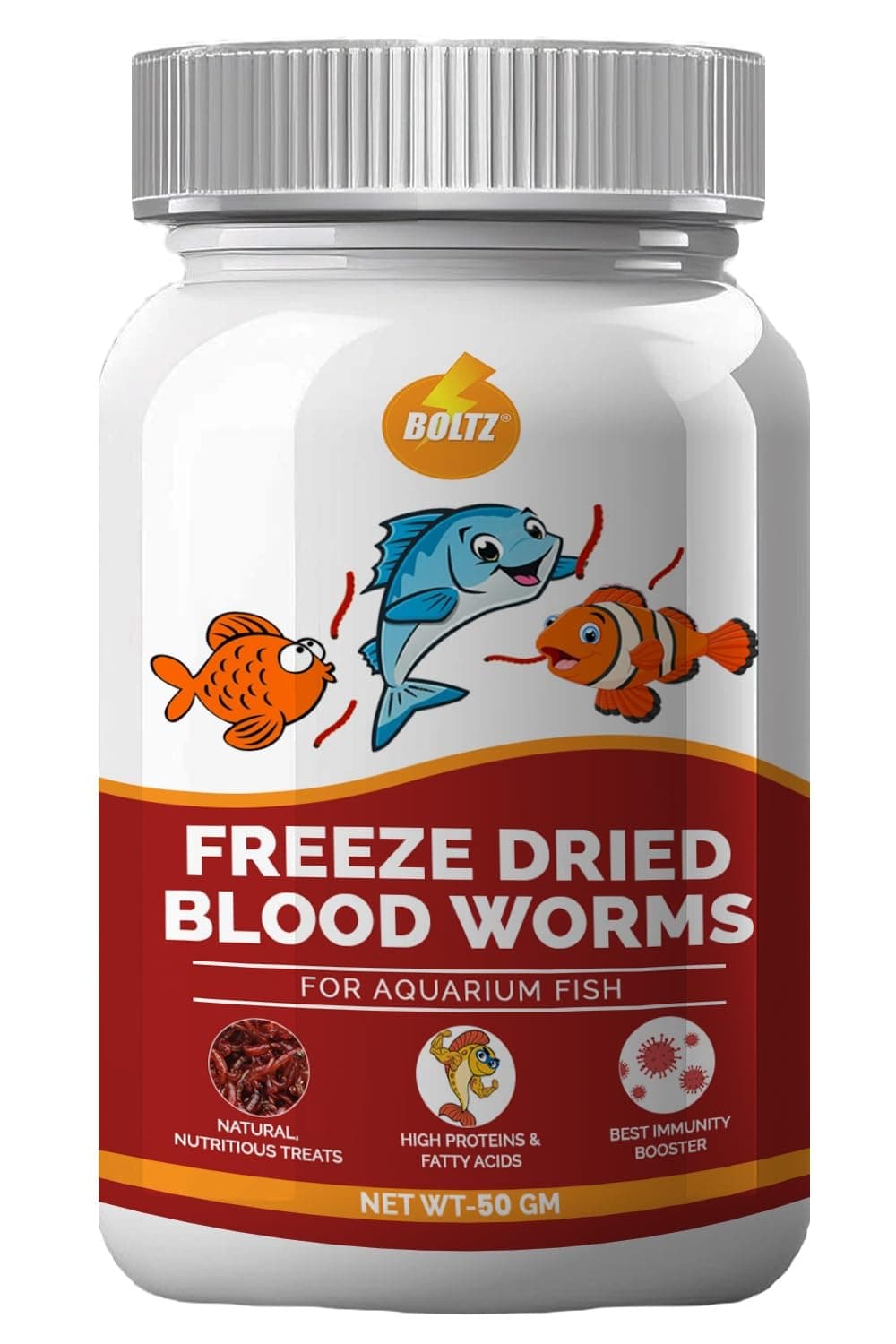 Boltz Freeze Dried Blood Worms Fish Food 50 Grams for Bettas, Tetras, Arowana, Flowerhorn, Oscar Fish