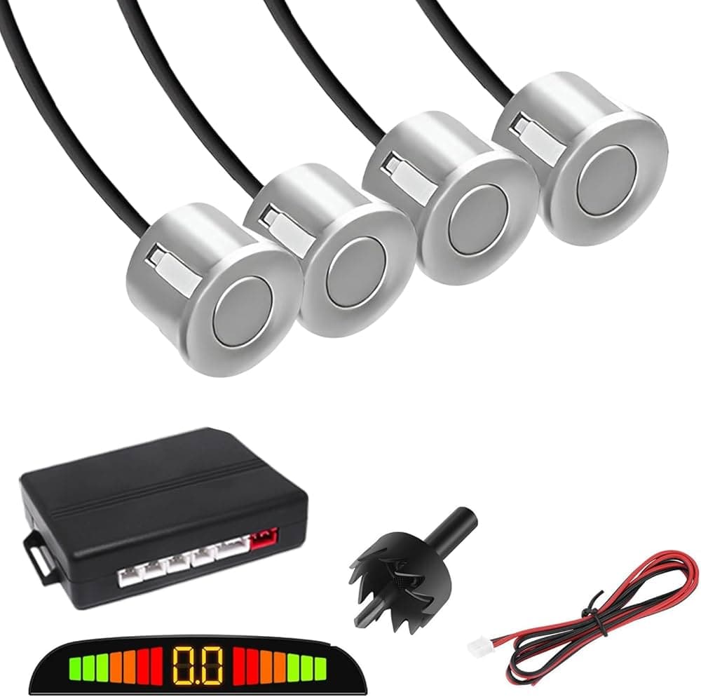 FABTEC Set of 4 pcs Car Parking Sensors with LED Parking Assistant Kit, Rear Object Detection with Buzzing Sound Warning (SILVER)