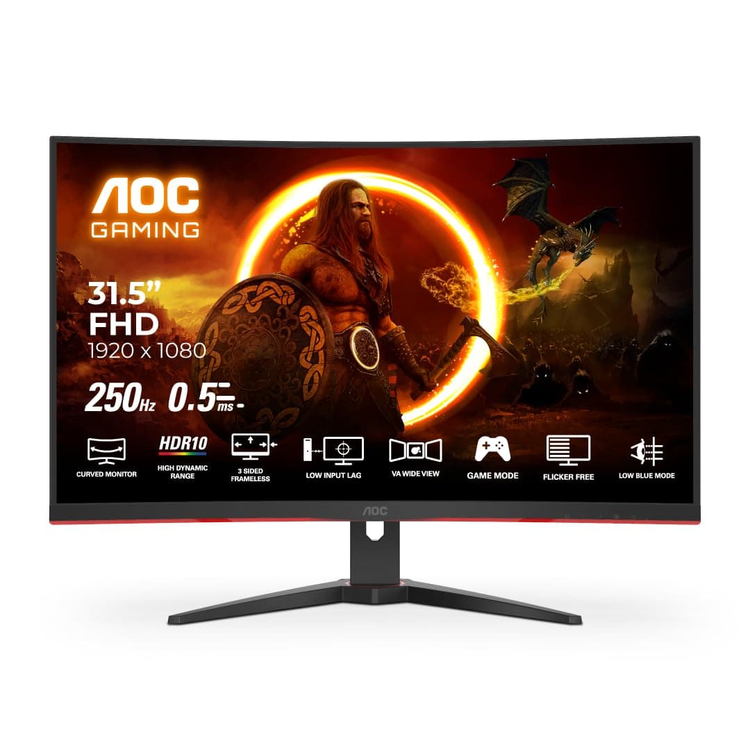 AOC C32G2ZE2 32" FHD 1500R Curved Gaming Monitor, 250Hz Refresh Rate, 0.5ms Response, HDR10, Adaptive Sync, VA Panel, Low Input Lag, HDMI/DP, Frameles...
