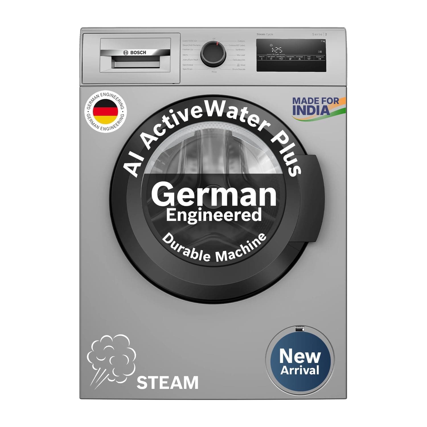 Bosch 7 kg 5 Star Fully-Automatic Front Loading Washing Machine (WAJ24266IN, Silver, AI active water plus, In-Built Heater)