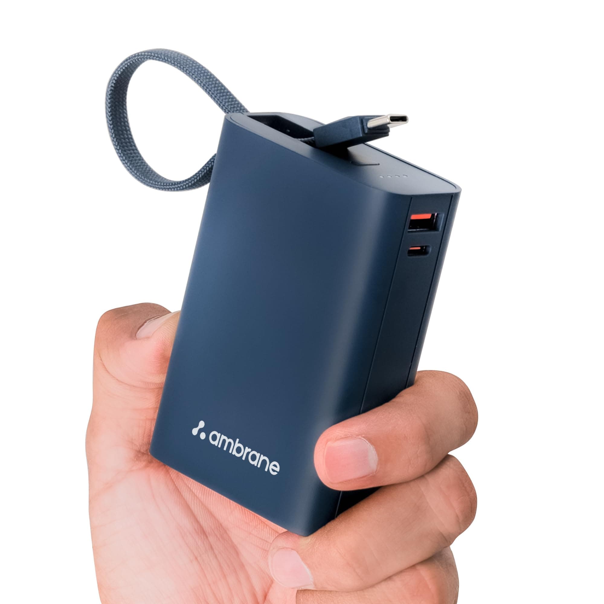 Ambrane 20000mAh Small Pocket Size Powerbank, Hanging InBuilt Type C Cable, 22.5W Fast Charging, Type C PD & USB Output for iPhone, Android Mobiles & Other Devices (MiniCharge 20, Navy Blue)