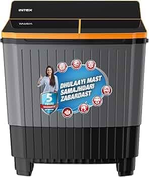 Intex 8.5 KG Semi Automatic Top Loading Washing Machine with Covered Panel Full Glass Toughned Lid (Premium Design,Dark Black-Grey-Orange, , SA85BLFG)