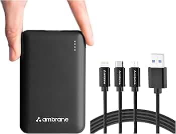 Ambrane 10000mAh Compact Powerbank, 22.5W Fast Chargings (Powerlit, Black) with Ambrane 3 in 1 Mobile Charging Cable