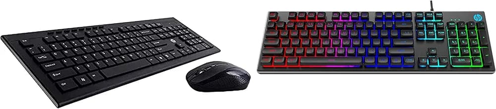 HP USB Wireless Spill Resistance Keyboard and Mouse Combo with 10m Working Range 2.4G Wireless Technology & K500F Backlit Membrane Wired Gaming Keyboard with Mixed Color Lighting