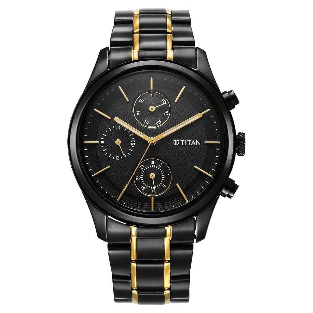 Titan Quartz Analog with Day and Date Black Dial & Multicolor Band Stainless Steel Watch for Men-NS1805KM06