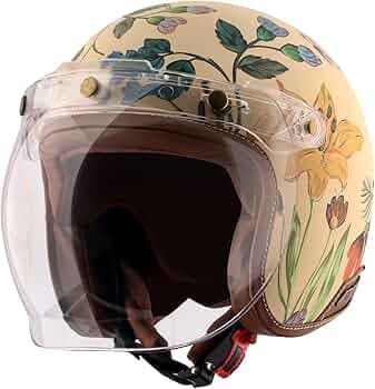 Axor Retro Jet Ibiza ISI Certified Lightweight Open Face Matt Finish Floral Helmet for Women with Clear Bubble Visor Beige(S)