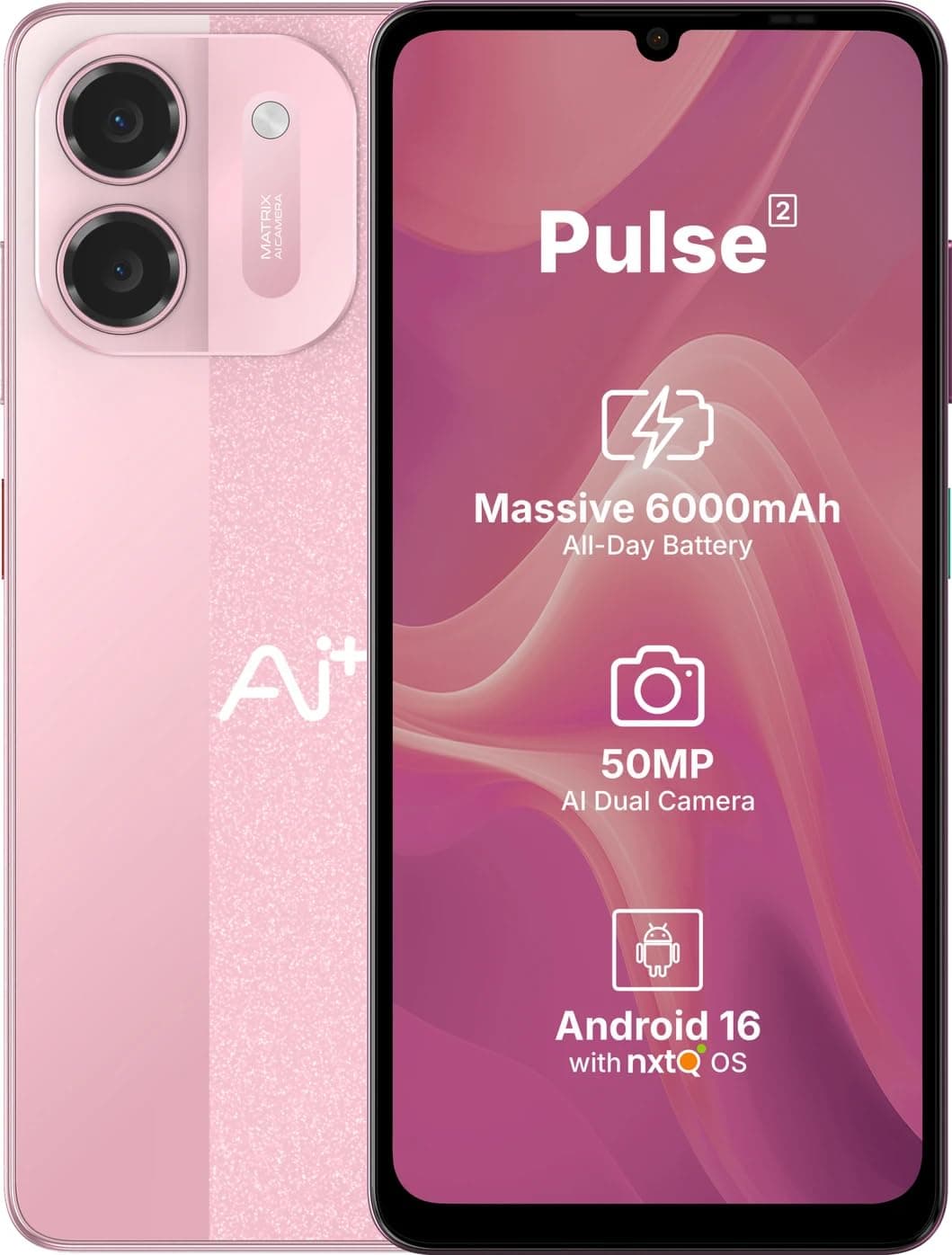AI+ Pulse 2, 6.745 inch HD+ Display, 4GB RAM, 64GB Storage, Android 16, Unisoc T7250 Octa Core, 50MP Camera, 6000mAh Battery (Pink)