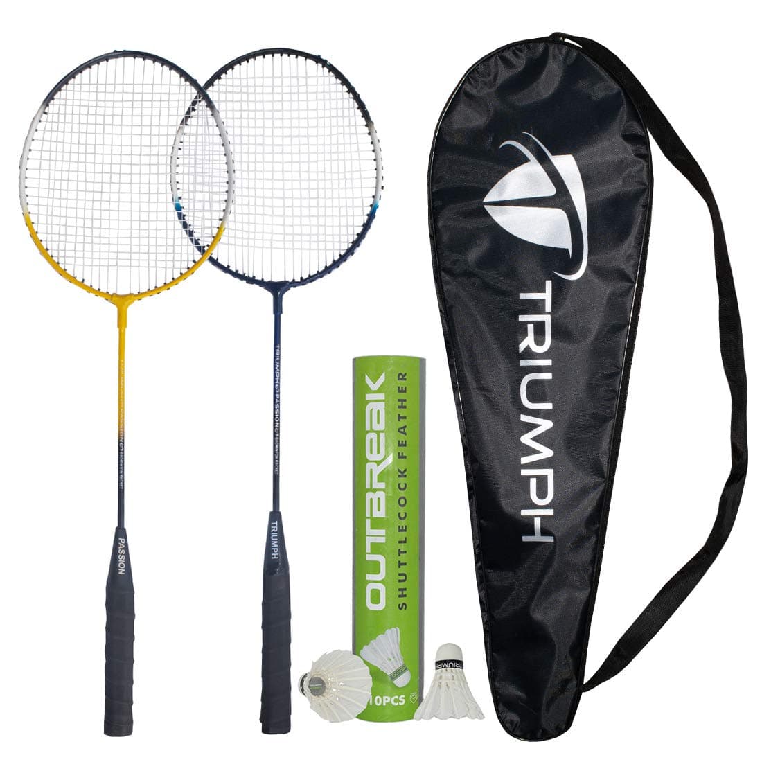 Triumph Passion Badminton Alloy Steel 2 Pcs Racquet Set with 10 Pcs Outbreak Feather Shuttlecock and Full Racket Cover for Adults (Multicolour)