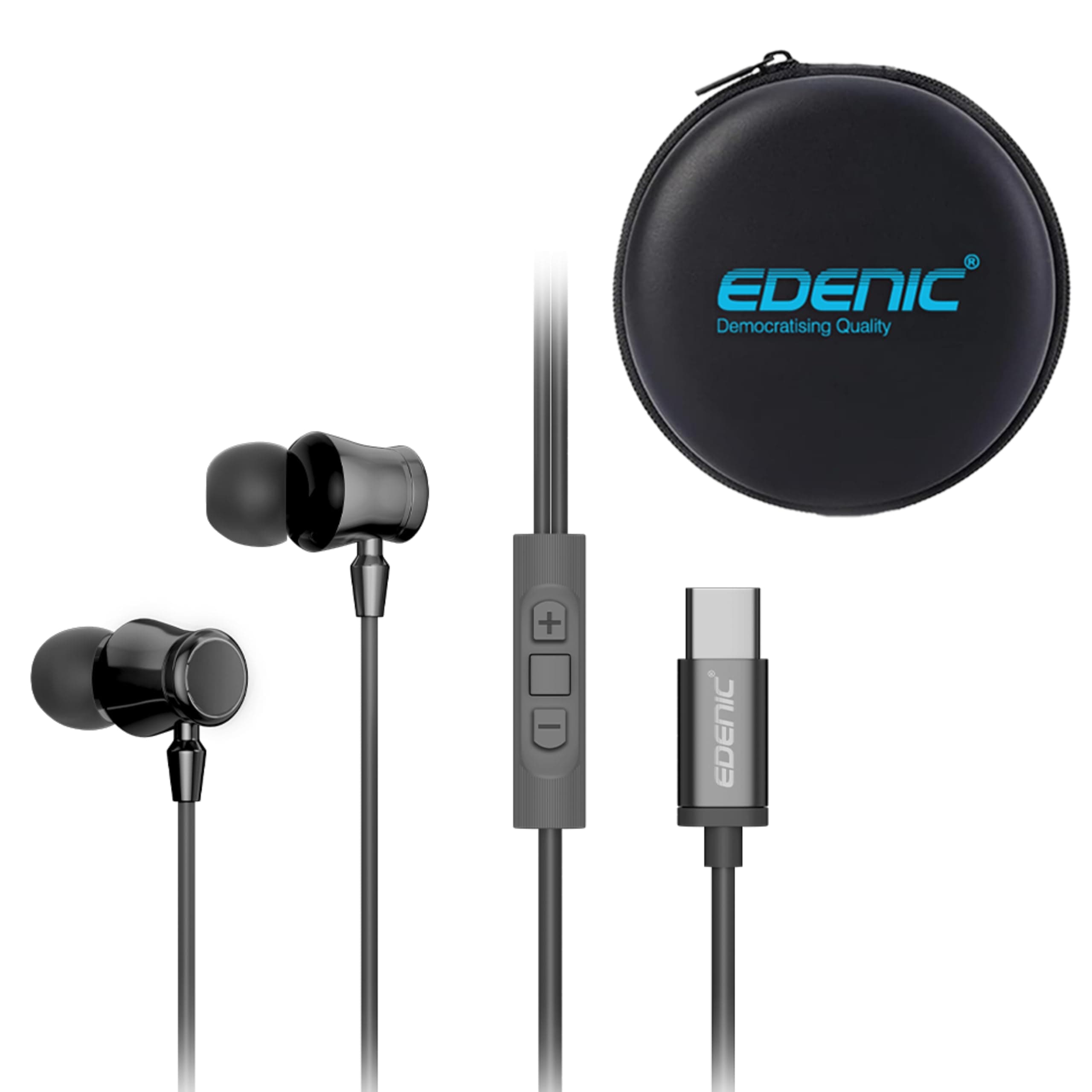 EDENIC Sonic Type C Wired in Ear Earphone with Case, Inbuilt Microphone, Volume Control Button in Black Colour, Powerful Audio, Multiple Device Compat...