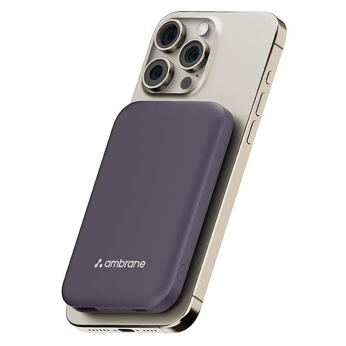 Ambrane Newly launched 5000mAh Wireless Powerbank Slim Magnetic Fast Charging with 20W Wired Output, 15W Wireless Output,for iPhone 12,13,14,15,16 Other Qi Devices + Magnetic Ring (PB 5s - Purple)