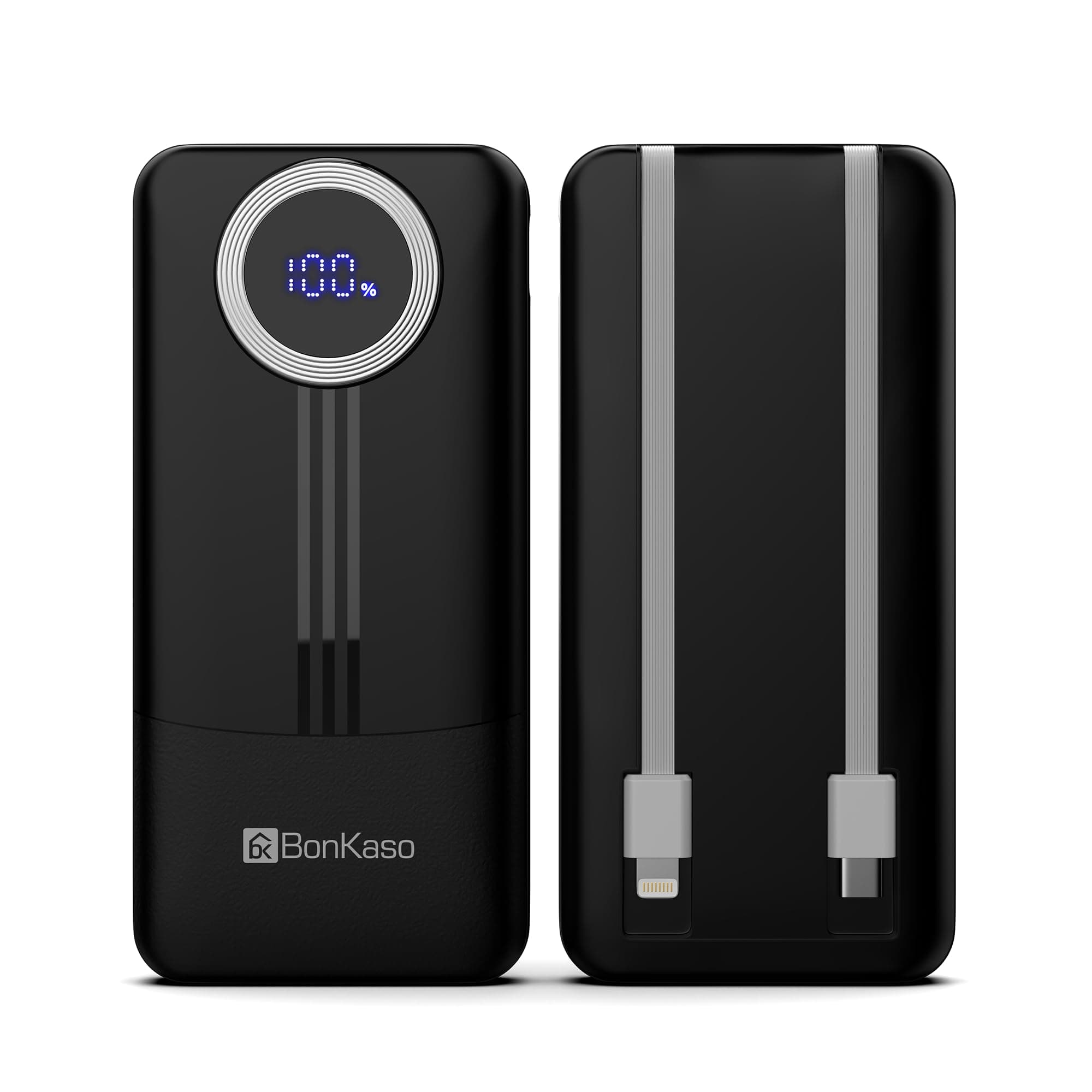 BonKaso 10000mAh Power Bank 22.5W PD Fast Charging with Built-in 2-in-1 Type C & Lightning Cable, Digital Display, Dual USB Output, Compact Portable C...