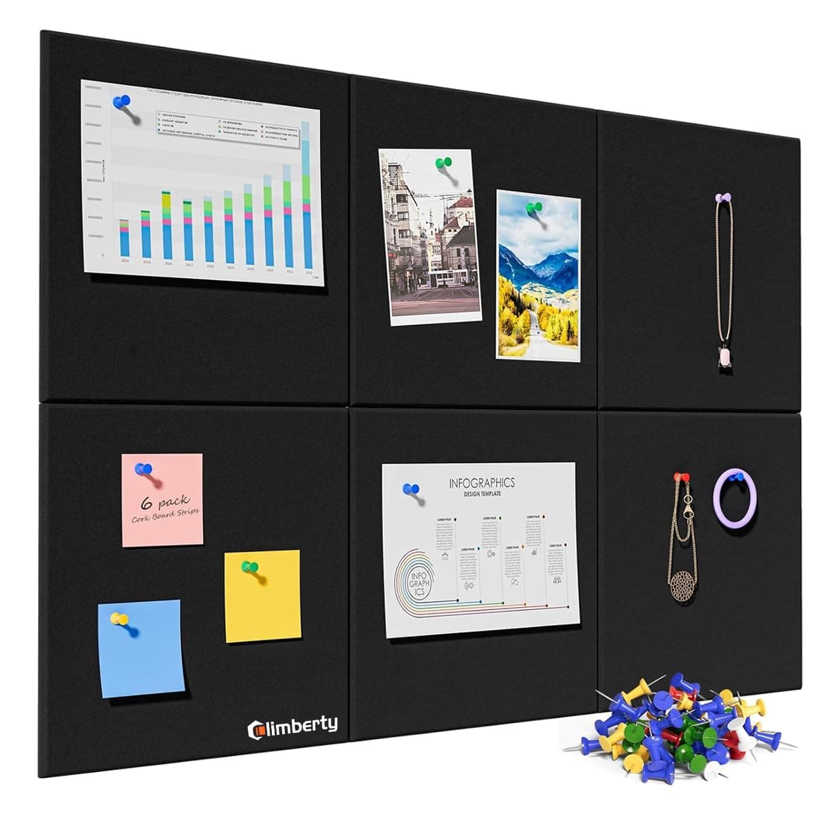 Climberty 6Pcs Black Felt Bulletin Board, 30x30cm Self-Adhesive Wall Boards with 50pcs Drawing Pins, Felt Message Board for Paste Notes, Photos, Sched...
