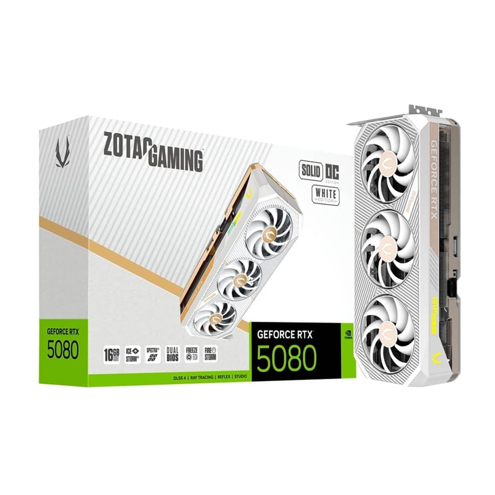 ZOTAC Gaming GeForce RTX 5080 Solid OC Graphics Card - White Edition | 16 GB | DLSS 4 | GDDR7 | 256 bit | IceStorm 3.0 Advanced Cooling | Triple Fan |...
