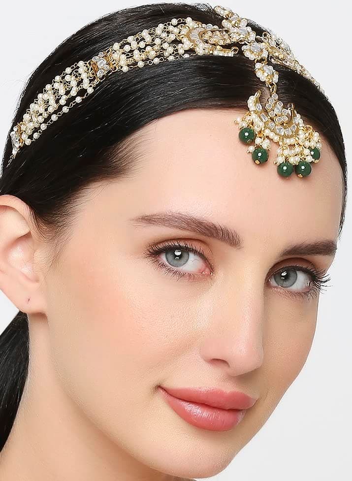 OOMPH Jewellery Gold Tone Kundan and Pearls Green Stone Traditional Wedding Bridal Chanbali Shape Sheeshphool Maangtikka Matha Patti For Women & Girls Stylish Latest