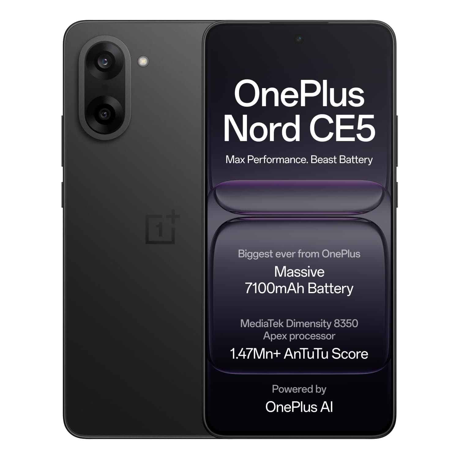OnePlus Nord CE5 | MediaTek Dimensity | Massive 7100mAh Battery | Powered by OnePlus AI | 8GB + 256GB | Black Infinity
