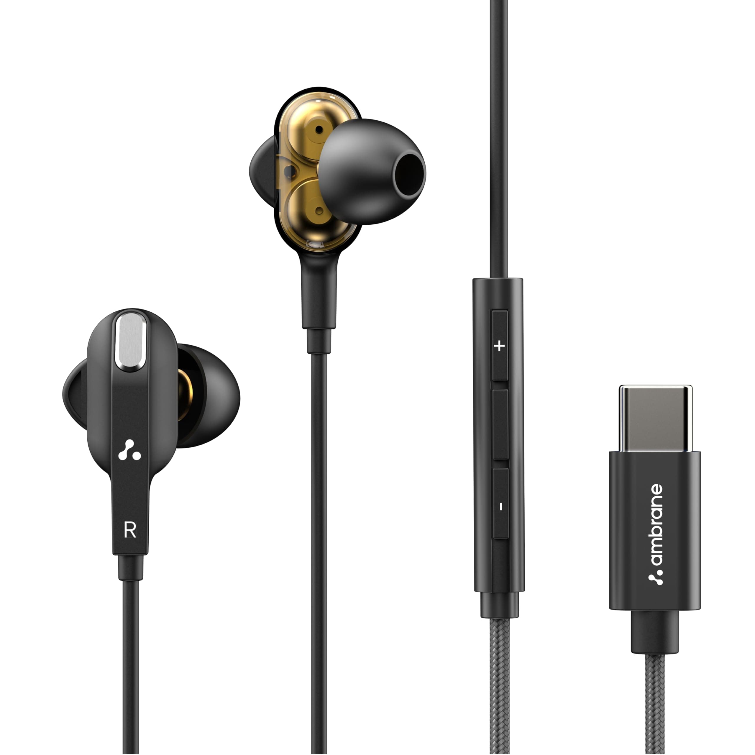 Ambrane Type C Wired Earphones with Mic, Dual Dynamic Drivers, Hi-Fi Stereo Sound, Deep Bass, in-Ear Earphones for Gaming, Music & Calls, Compatible w...