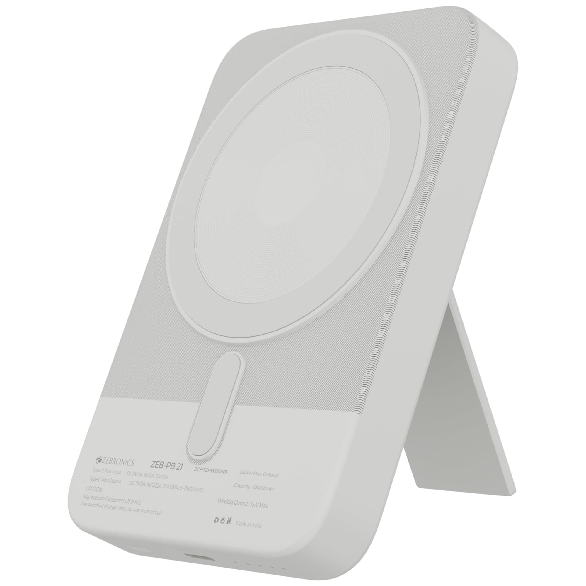 Zebronics 10000mAh MagSecure Compatible Powerbank, 15W Wireless Charging, 22.5W Rapid Charging, Type-C PD Input & Output, Built-in Stand, LED Indicato...