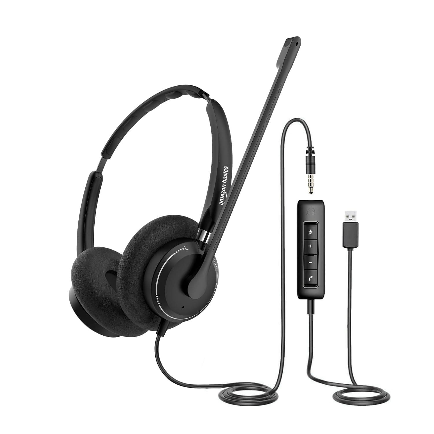 amazon basics USB Headset with Microphone for PC, Wired Computer Headset with Unidirectional Mic Noise Cancelling On-Ear Head