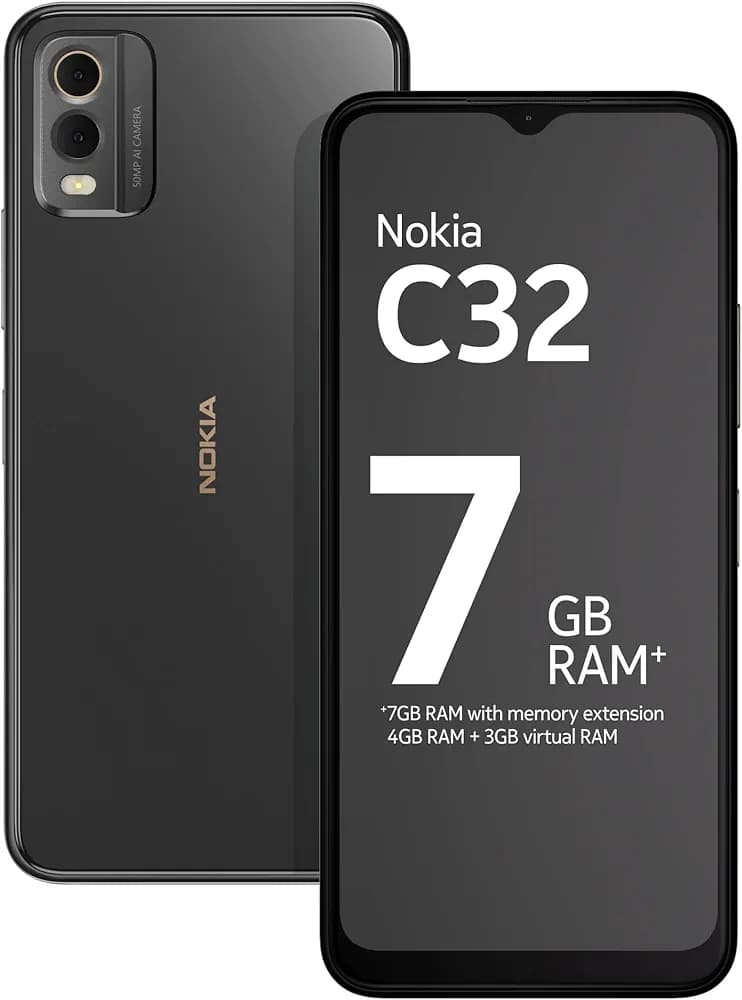 Nokia C32 with 50MP Dual Rear AI Camera | Toughened Glass Back | 4GB RAM, 64GB Storage | Upto 7GB RAM with RAM Extension | 5000 mAh Battery | 1 Year Replacement Warranty | Android 13 | Charcoal