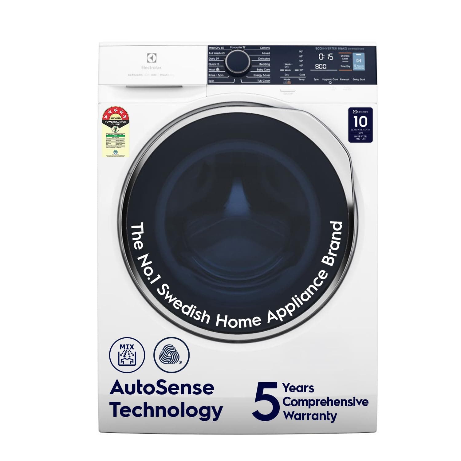 Electrolux 9kg/6kg 5 Star 40°C Vapour Wash, Wash to Dry EcoInverter Fully Automatic Front Load Washer Dryer, Scandinavian Design for Sustainable Clothing, White, UltimateCare 500, EWW9024P5WB