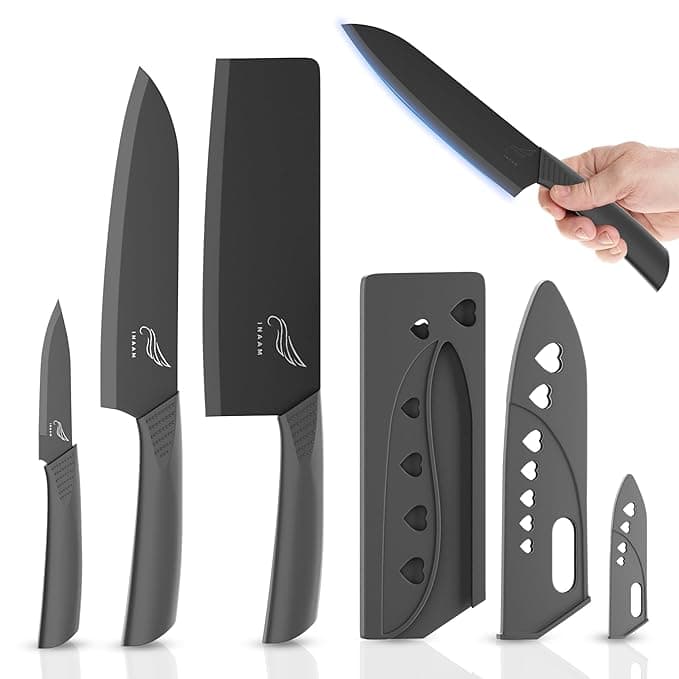 INAAM Professional Kitchen Knife Set with Cover, Set of 3PCS High Carbon Stainless Steel Knives Meat,Chef, with Non-Slip Coating,Premium Sharp Blade f...
