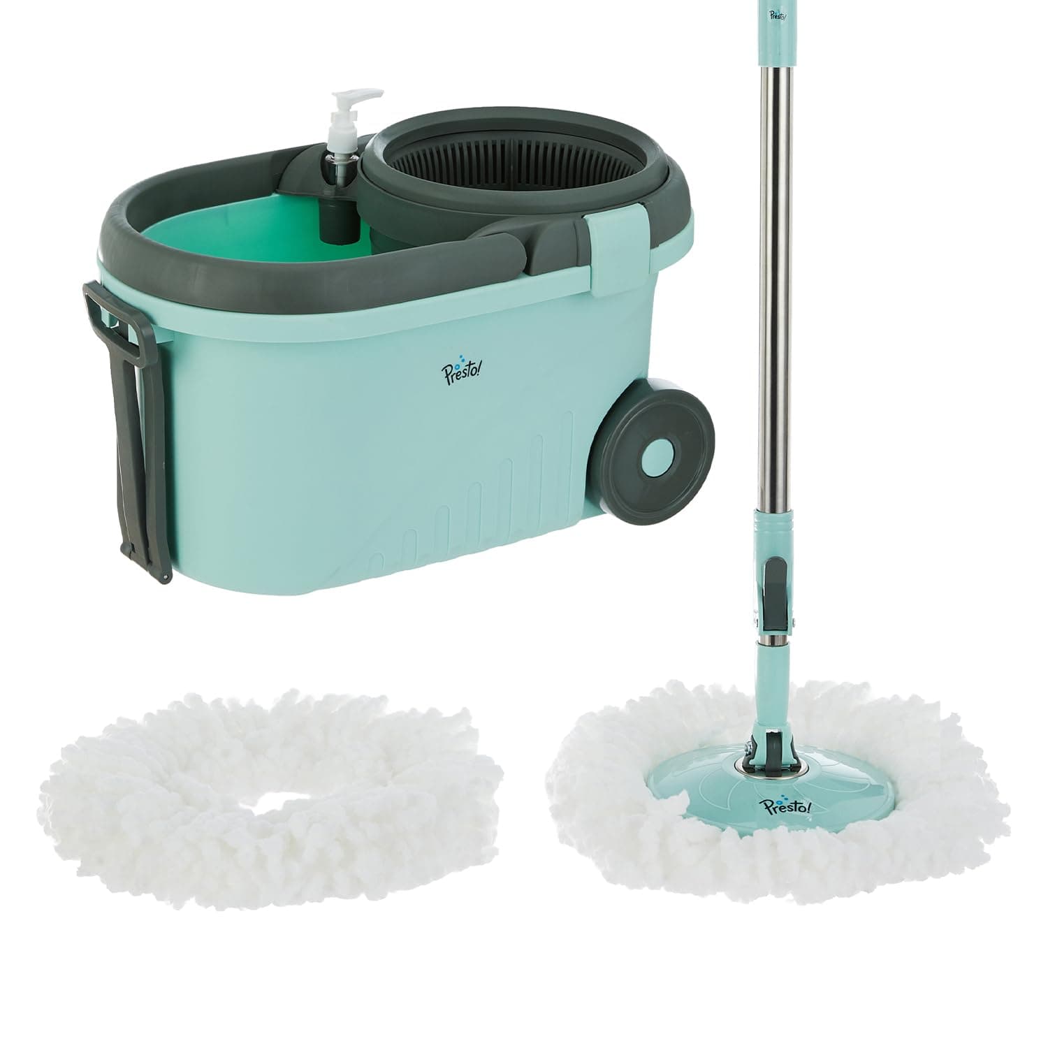 Amazon Brand – Presto! Clean Plastic Spin Mop | Durable Plastic Build with 2 Microfiber Refills | Big Wheels & Drag Handle | 360° Spin Mop with Telescopic Handle | Green