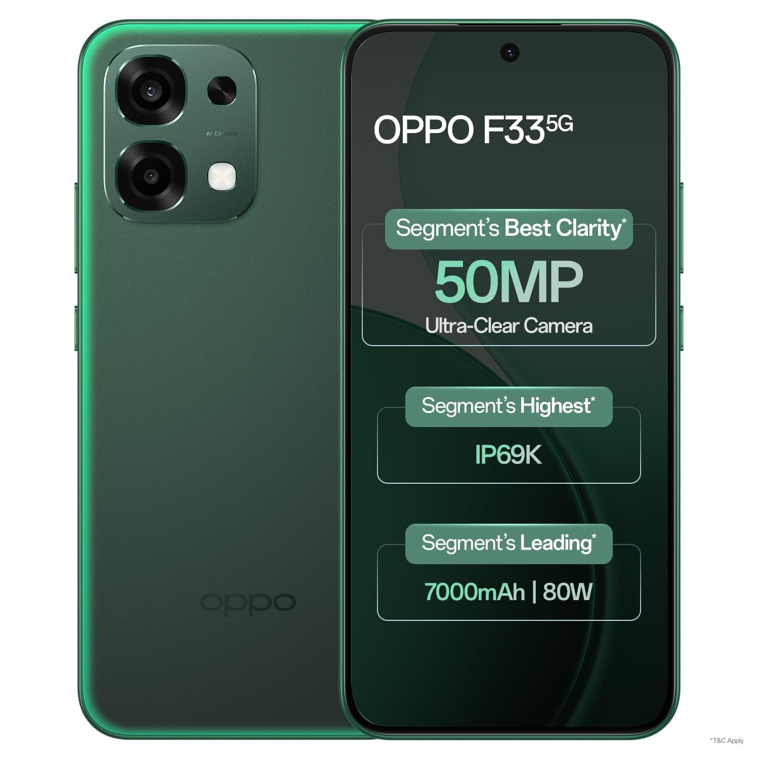 Oppo F33 5G Smartphone (8GB RAM, 256GB Storage, Forest Green)|50MP AI Camera |7000mAh Long Battery |45W Fast Charging-with No Cost EMI/Bank Offers