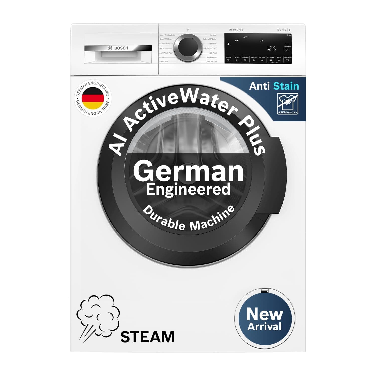 Bosch 12 kg 5 Star Front Load Fully Automatic Washing Machine, AI ActiveWater, Inbuilt heater, Antibacterial Tech, 14 Wash Programs, 66L Large Drum, S...