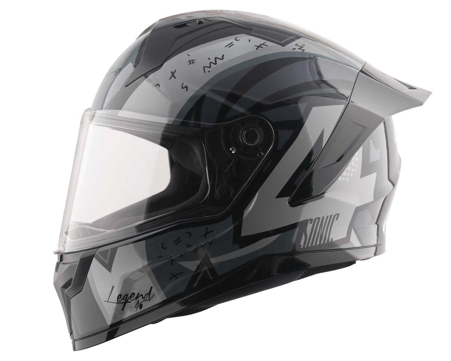 Vega Sonic Legend ISI Certified Gloss Finish Full Face Helmet for Men with Clear Visor and Spoiler-Black Grey-M