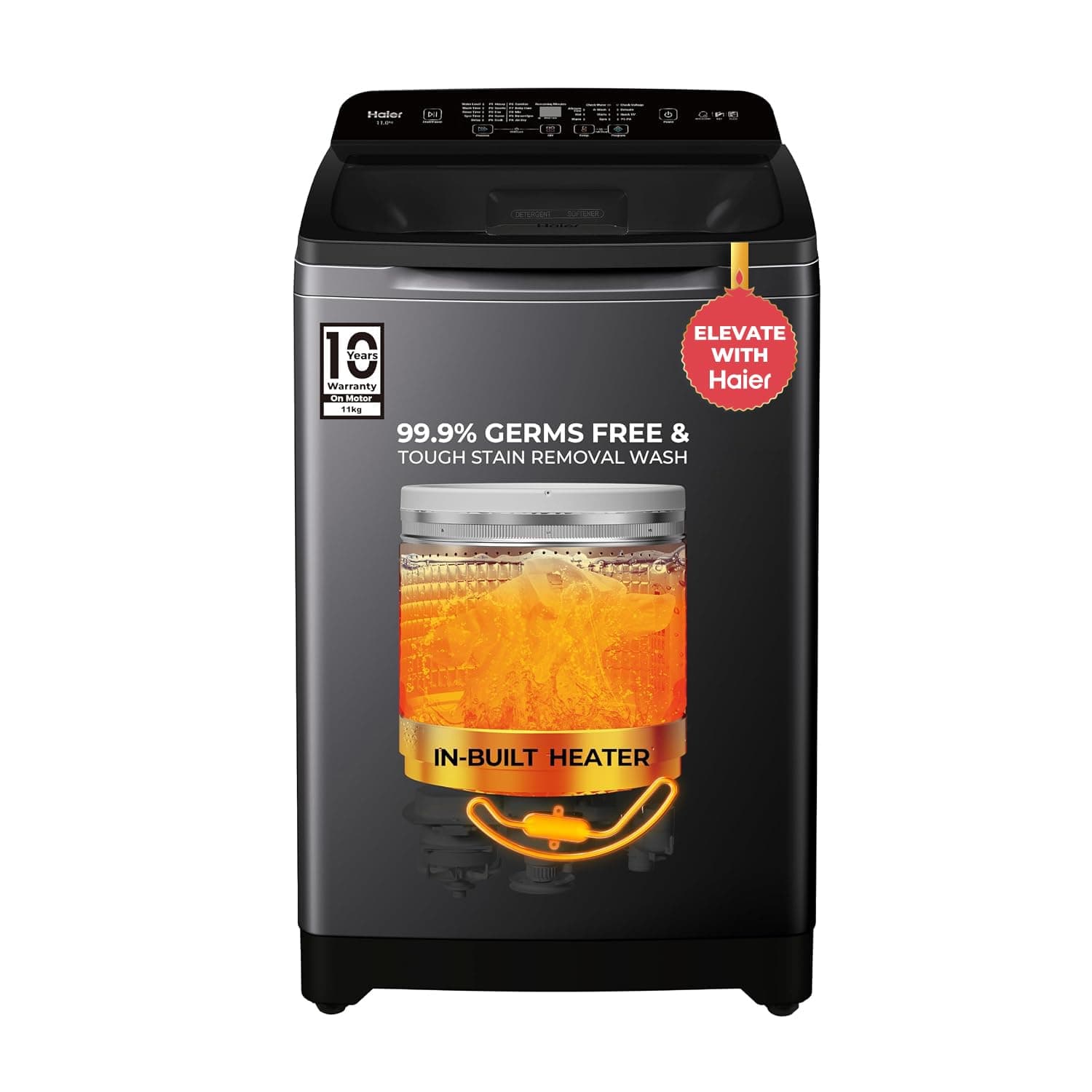 Haier 11 Kg, In-Built Heater, Front Panel Design, NZP Technology, Oceanus Wave Drum, Fully Automatic Top Load Washing Machine (ETL110-HC8S8 | Black)