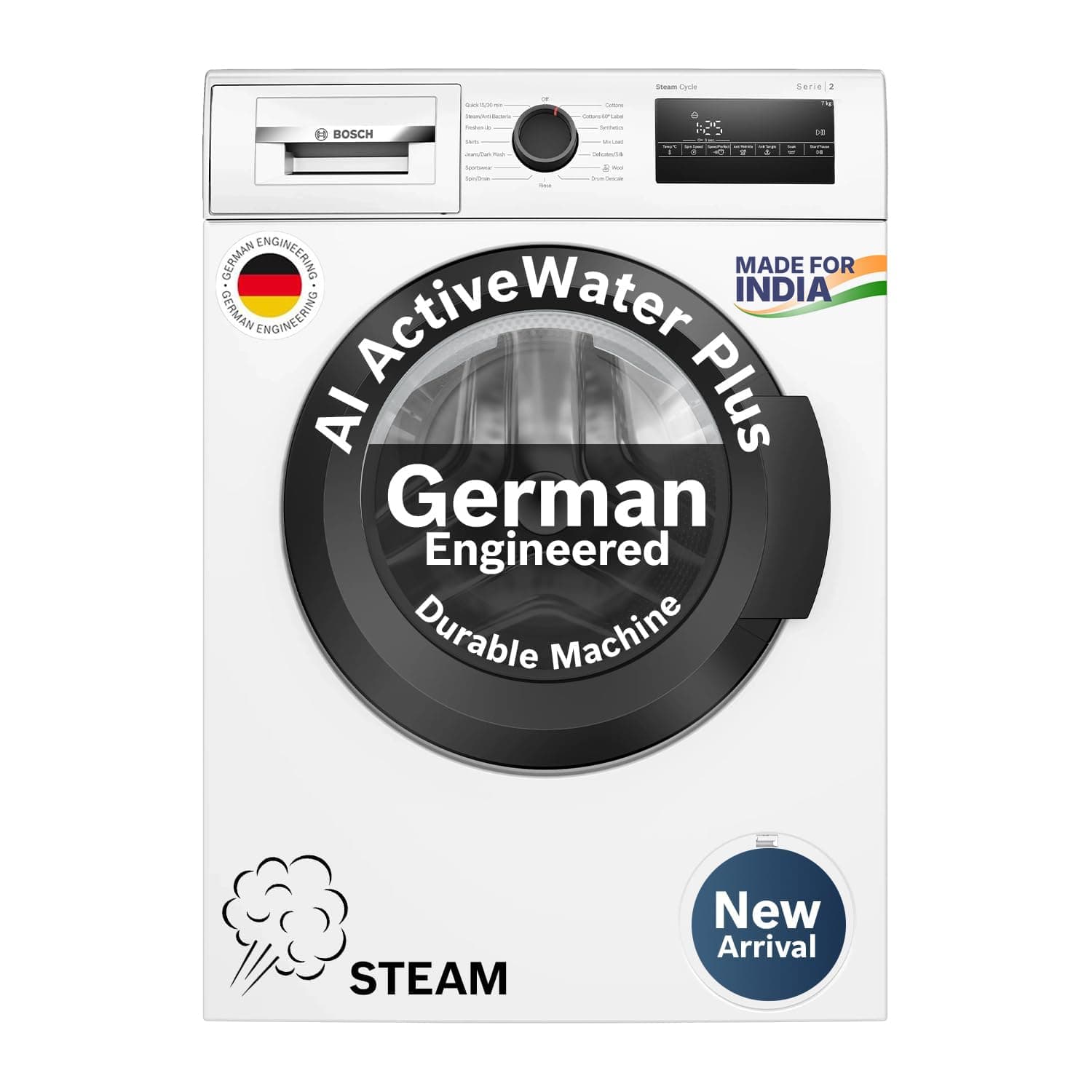 Bosch 7 kg 5 Star Front Load Fully-Automatic Washing Machine, Steam Antibacterial Tech, AI ActiveWater, 15 Wash Programs, 53L Large Drum, SoftCare Pad...
