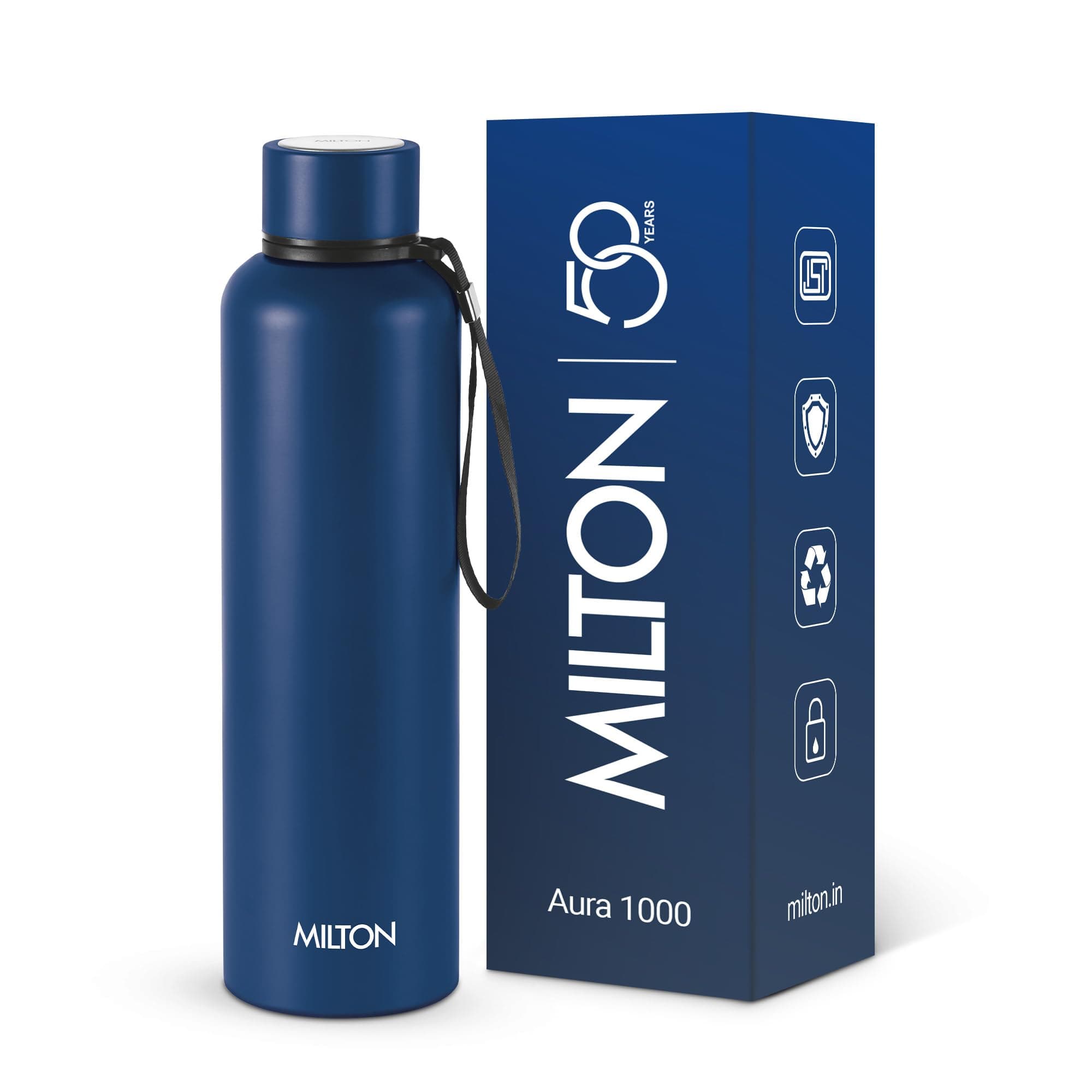 Milton Aura 1000 Thermosteel Bottle, 1.05 Litre, Dark Blue | 24 Hours Hot and Cold | Easy to Carry | Rust & Leak Proof | Tea | Coffee | Office| Gym | Home | Kitchen | Hiking | Trekking | Travel Bottle