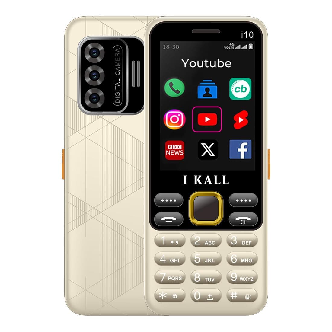 IKALL I10 4G Keypad Mobile Phone | 2.4" Display, Dual SIM, 3.5mm Jack | Loud Speaker, Pre-Loaded Facebook, YouTube, Instagram | Multimedia Cloud Phone (Gold)