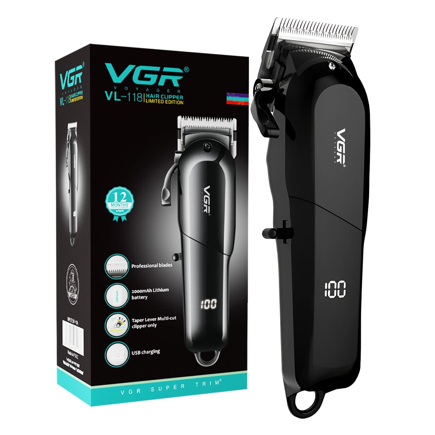 VGR VL-118 Limited Edition Professional Corded & Cordless Hair Clipper with LED Display 6 Length Settings | 200 min Runtime (Black)