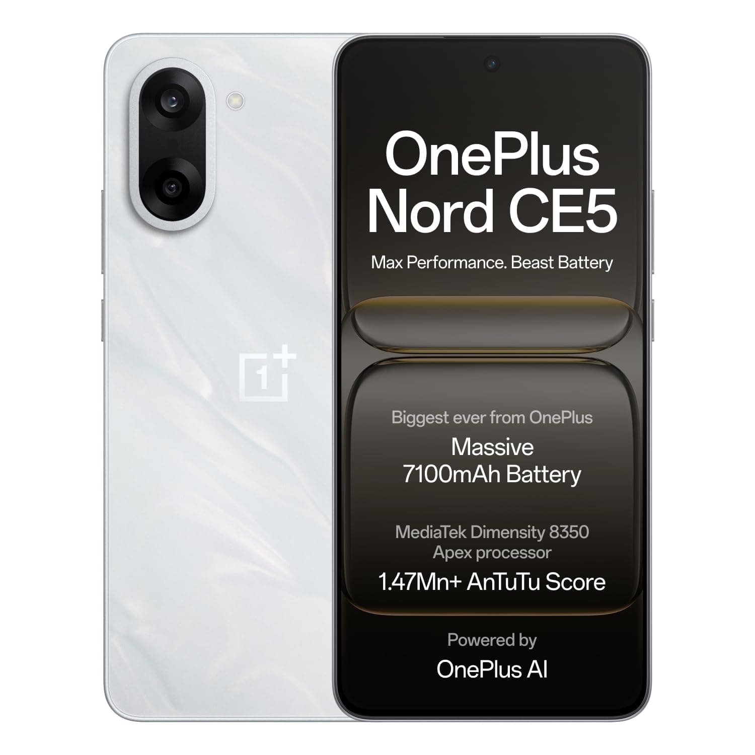 OnePlus Nord CE5 | MediaTek Dimensity | Massive 7100mAh Battery | Powered by OnePlus AI | 8GB + 256GB | Marble Mist
