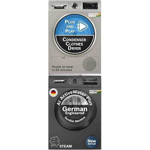 Bosch Washer Dryer Combo: 9 kg 5 Star Front Load Fully-Automatic Washing Machine (WGA1420TIN, Black) with 9 kg Fully Automatic Front Load Condenser Tumble Dryer (WPG24108IN, Silver Inox)