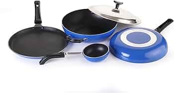 Crystal Eco Series Non Stick Cookware Set, 5 Pcs, Royal Blue | 2.5 mm Thickness | PFOA Free Non Stick Coating | Tawa 250 mm | Fry Pan 240 mm | Kadai w...