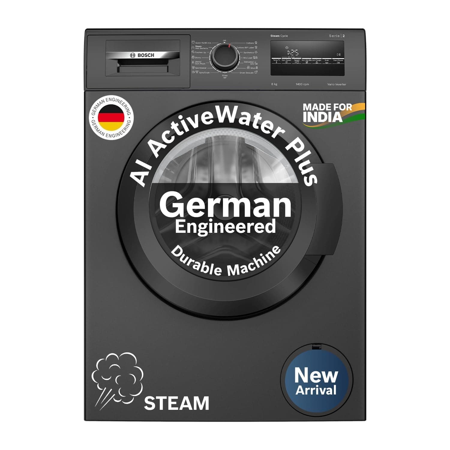 Bosch 8 kg 5 Star Fully-Automatic Front Loading Washing Machine (WAJ2826CIN, Black Grey, AI active water plus, In-Built Heater)