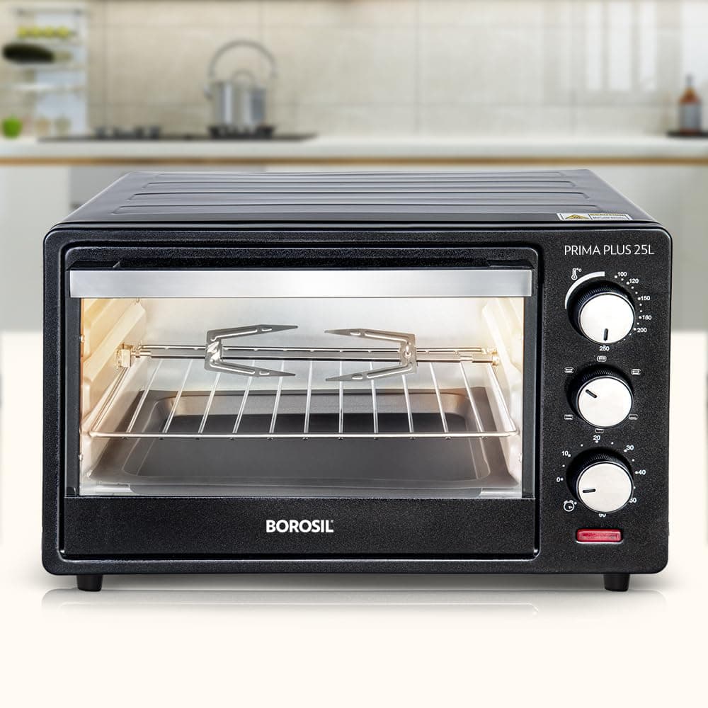 Borosil 1600W 25L Prima Plus OTG | Made in India BIS Approved | Grill, Bake, Toast & Rotisserie | Motorized Rotisserie | 6 Stage Heating | Adjustable ...