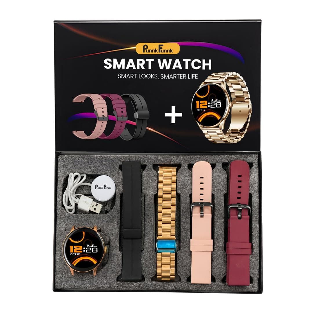 PunnkFunnk H20 Gold Dial Smart Watch Combo 1.49" AMOLED Display with 4 Straps, Crown Control, Bluetooth Calling, 100+ Sports