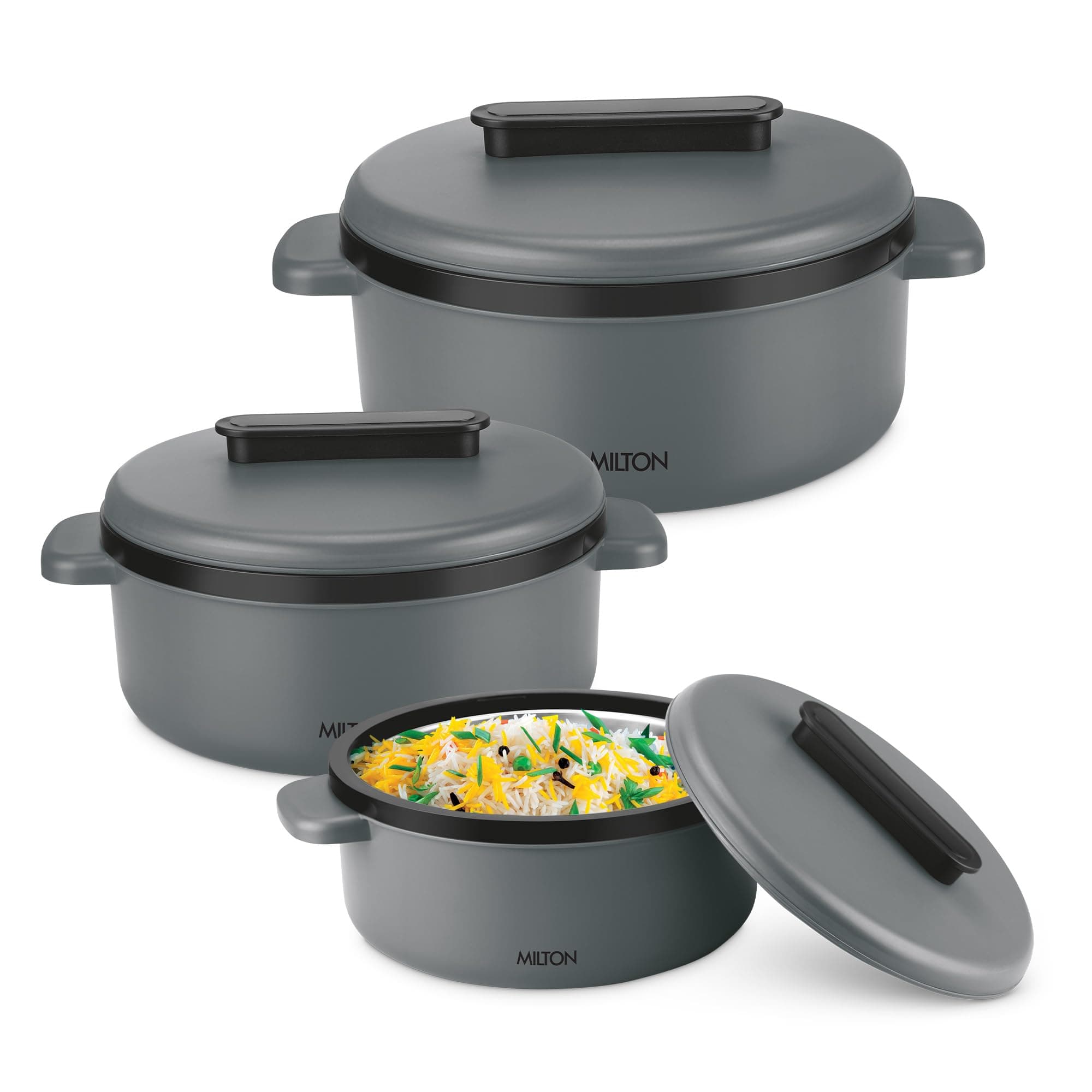 Milton Micronova Jr. Gift Set Inner Stainless Steel Casserole, Set of 3 (380 ml, 775 ml, 1345 ml), Grey, BPA Free, Food Grade, Hot and Cold, Microwave...