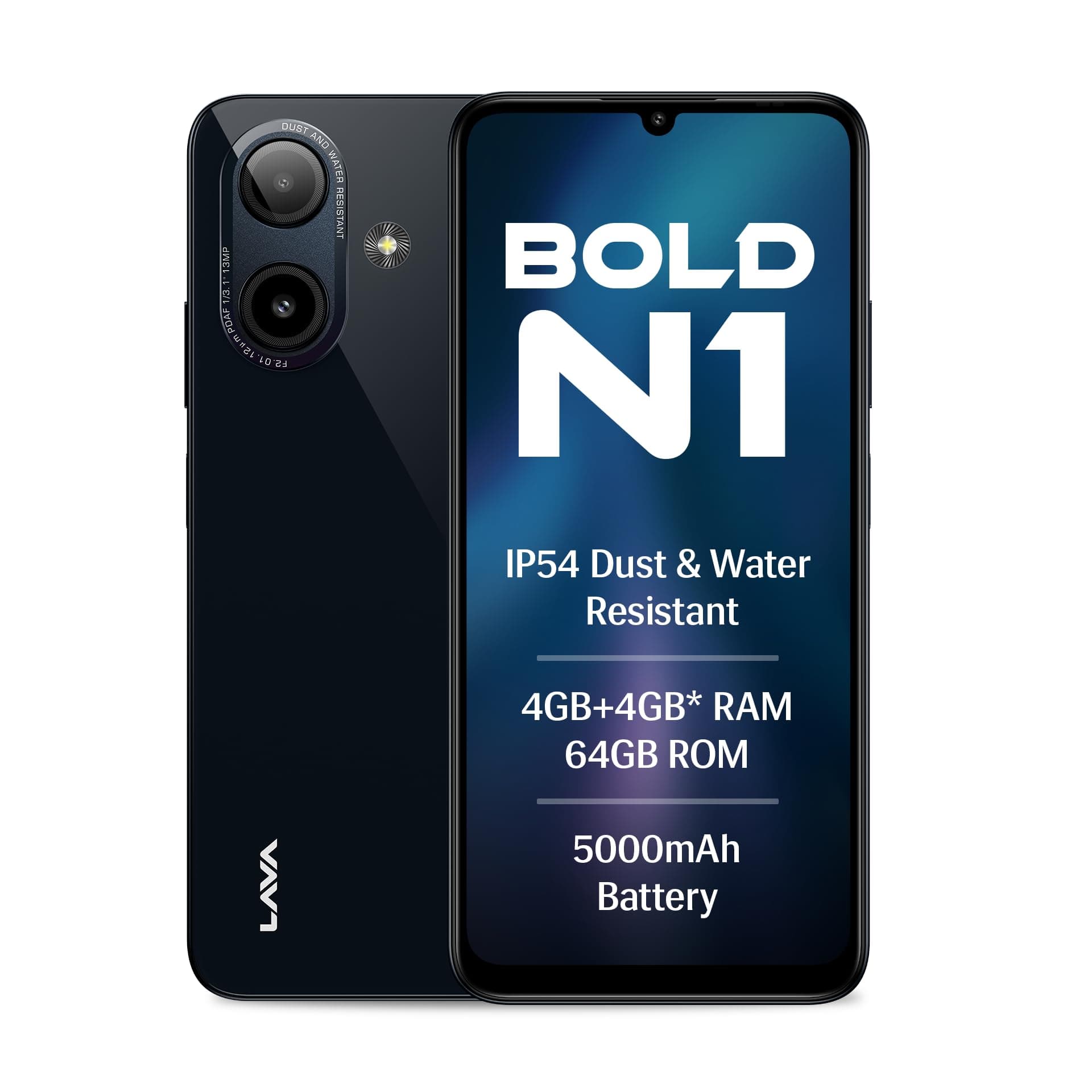 Lava Bold N1 (Radiant Black, 4 GB RAM, 64 GB Storage) | 6.75" (90 Hz) HD+ Display | 13MP AI Dual Rear Camera | 5000 mAh Battery | Secure Face Unlock |...