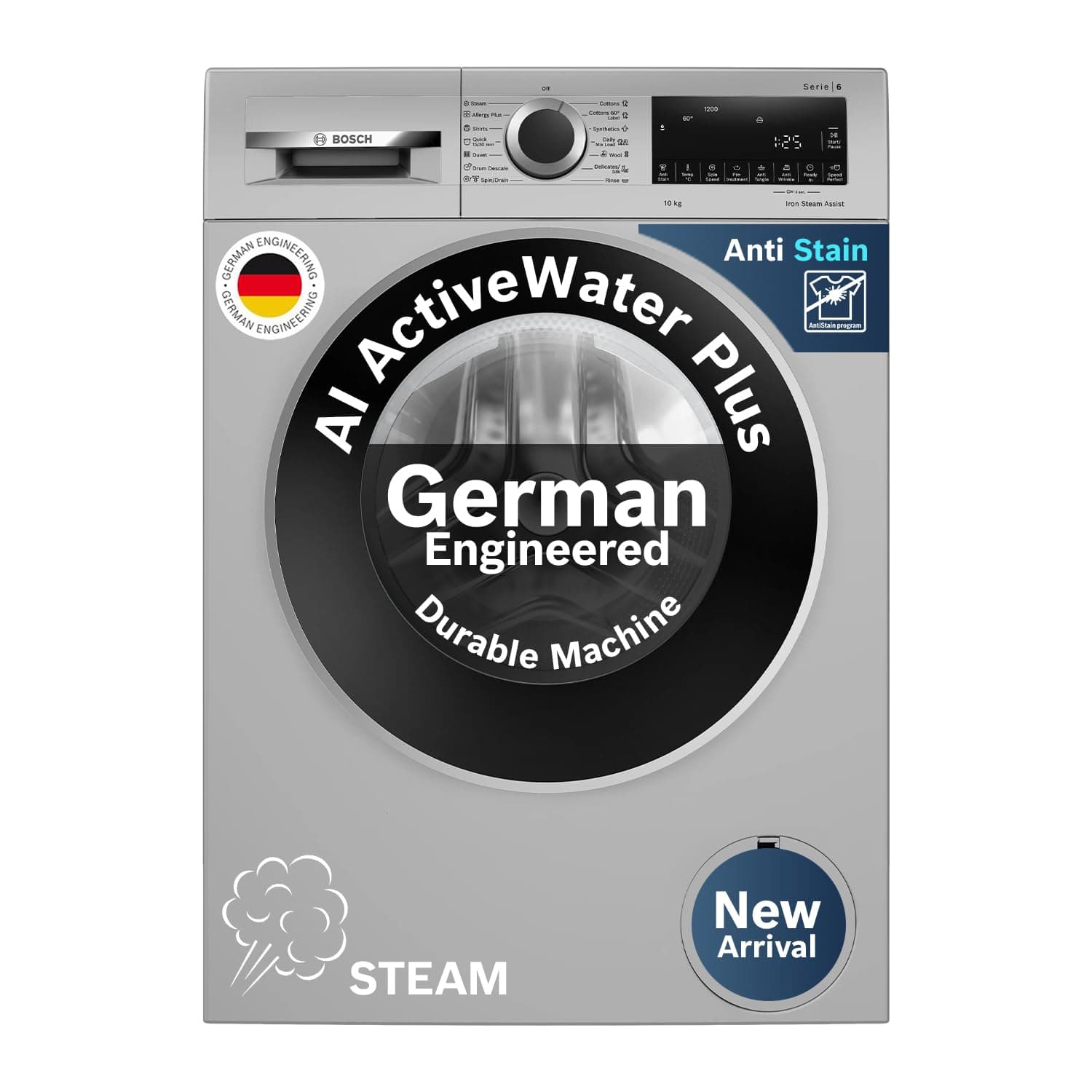 Bosch 10kg 5 Star Anti Stain & AI Active Water Plus Fully Automatic Front Load Washing Machine with Built in Heater (WGA252ZSIN, Pretreatment, Iron St...