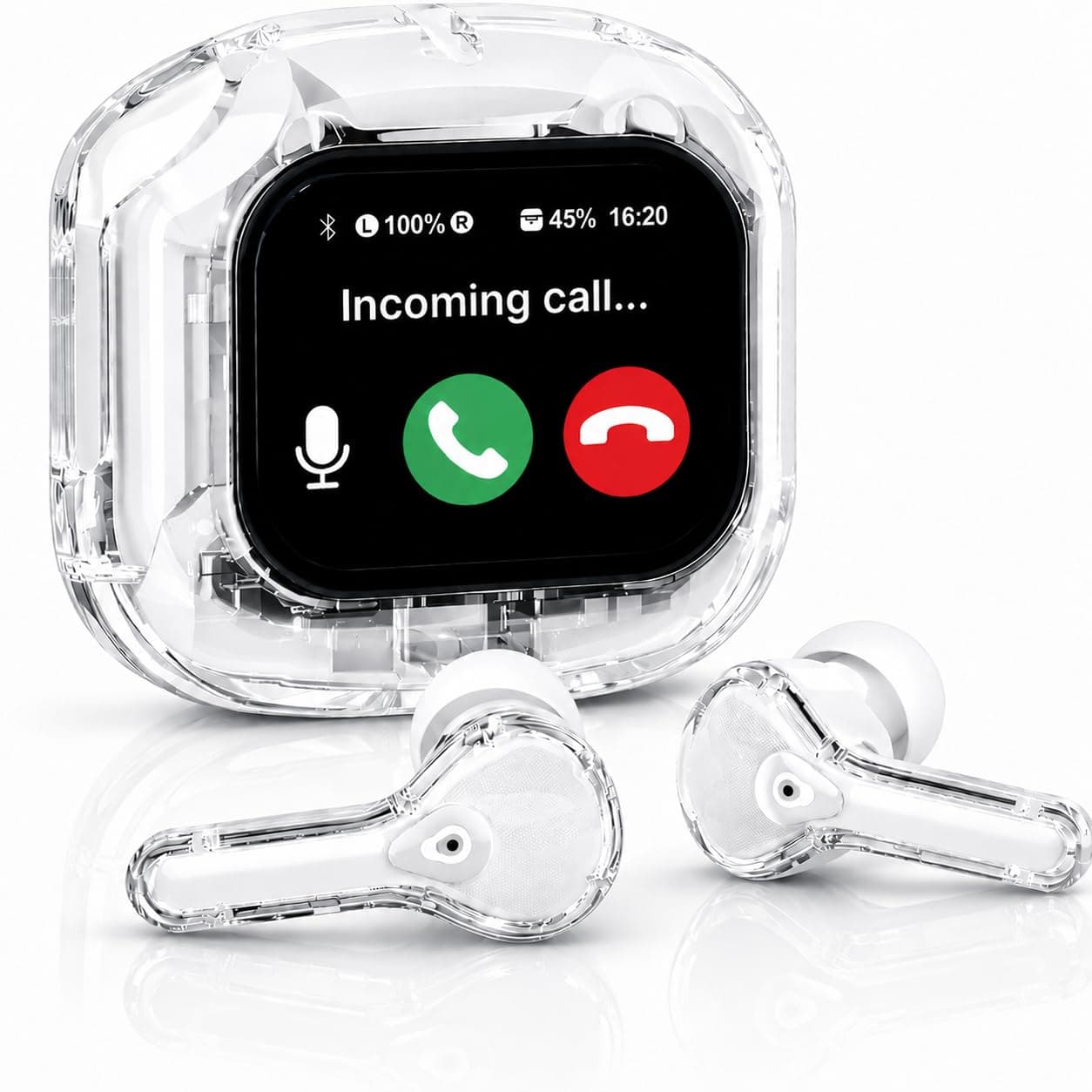 VEHOP AIRMAX Screen TWS, Smart Touch Display True Wireless Buds, BT5.4 with Low Latency Gaming Mode, Type-C Fast Charging, Find My Earbuds, 4 Mics ENC for Clear Calling, EQ Mode.(White)
