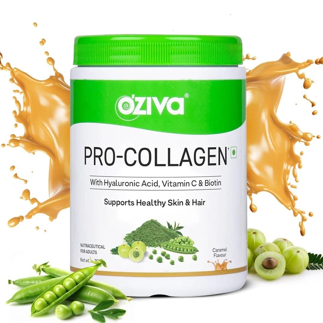 OZiva Pro-Collagen Protein Peptides - Caramel, 250g | Whey Protein & Collagen Builder Peptides for Healthy Skin & Hair, Muscular & Joint Health | Collagen Powder for Women & Men