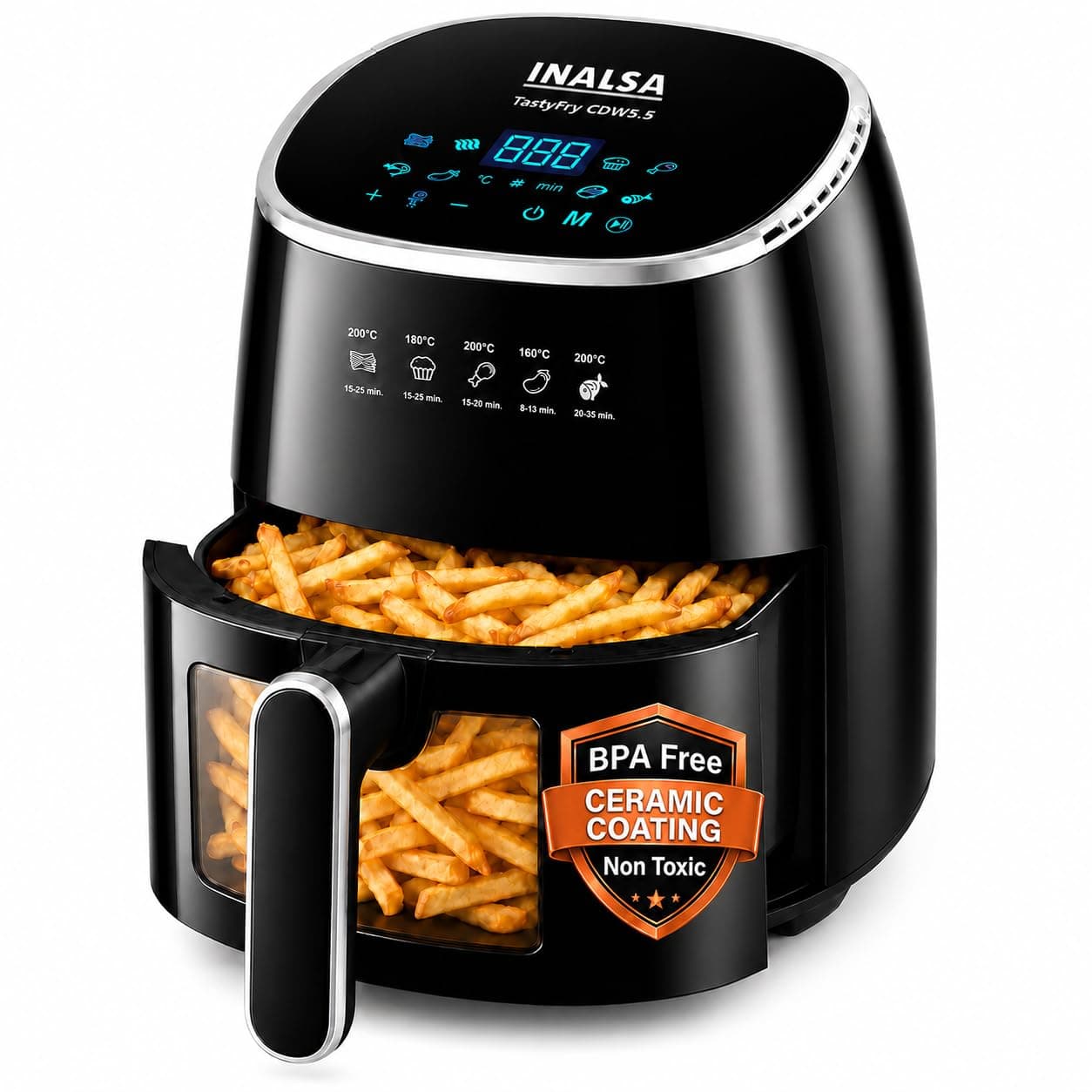 INALSA Air Fryer for Home 5.5 L Ceramic‑Coated 1600 W|Digital Touch Panel, 8 Presets|Food‑Grade Non‑Toxic Ceramic Basket|Air Fryer without Teflon Coating|Visible Window(Tasty Fry CDW 5.5)