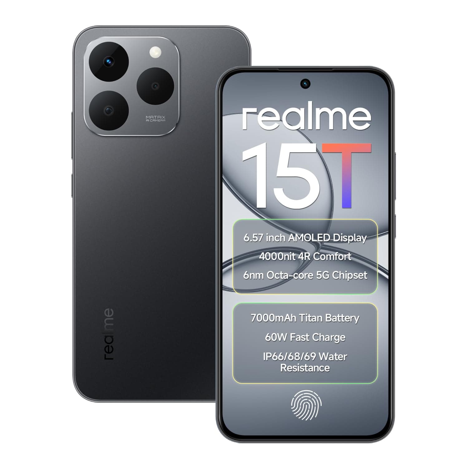 realme 15T 5G Smartphone 7000mAh Battery 6.57 inch 120Hz AMOLED Display 128GB ROM 8GB RAM 60W Fast Charge, IP69 Water Resistance Support Fingerprint G...