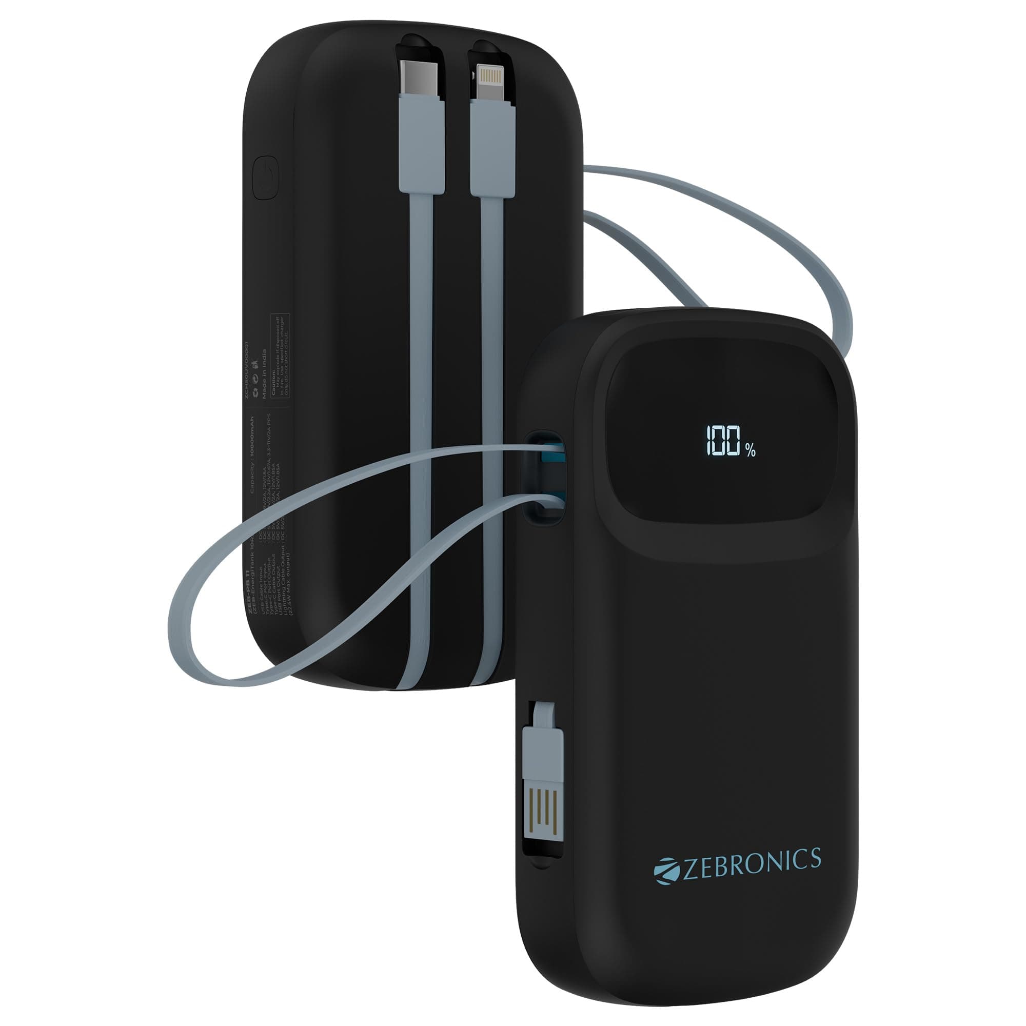 ZEBRONICS 10000 mAh Power Bank, Compact Design, 22.5W Fast Charging, Built-In (Type-C & Lightning Cable) Type-C Port, LED Percentage Indicator, For Al...