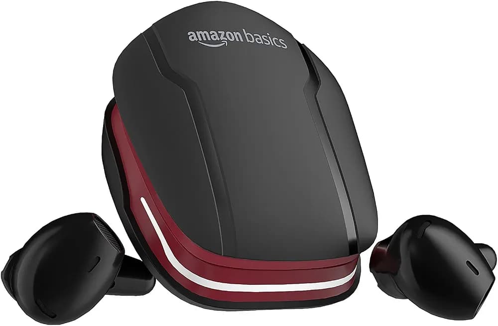 (Renewed) AmazonBasics True Wireless in-Ear Earbuds with Mic, Touch Control, IPX5 Water-Resistance, Bluetooth 5.3, Up to 40 Hours Play Time, Voice Assistance and Fast Charging (Black and Red)